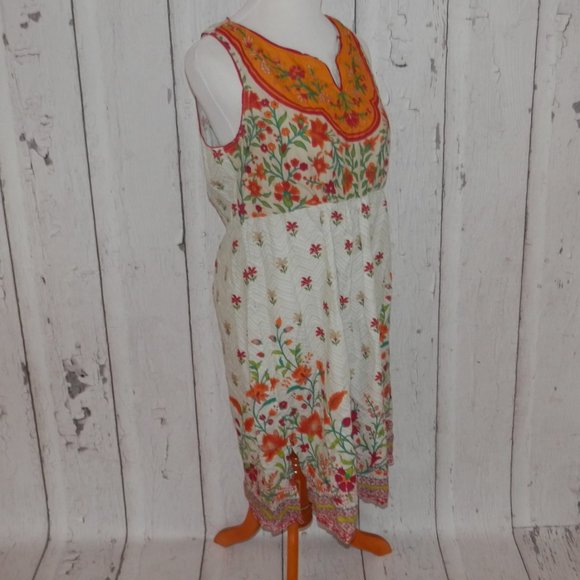 BIBA  Size 38 Boho Loose Blouson Peasant Dress Pleated Floral 100% Cotton 3559 - Picture 3 of 13